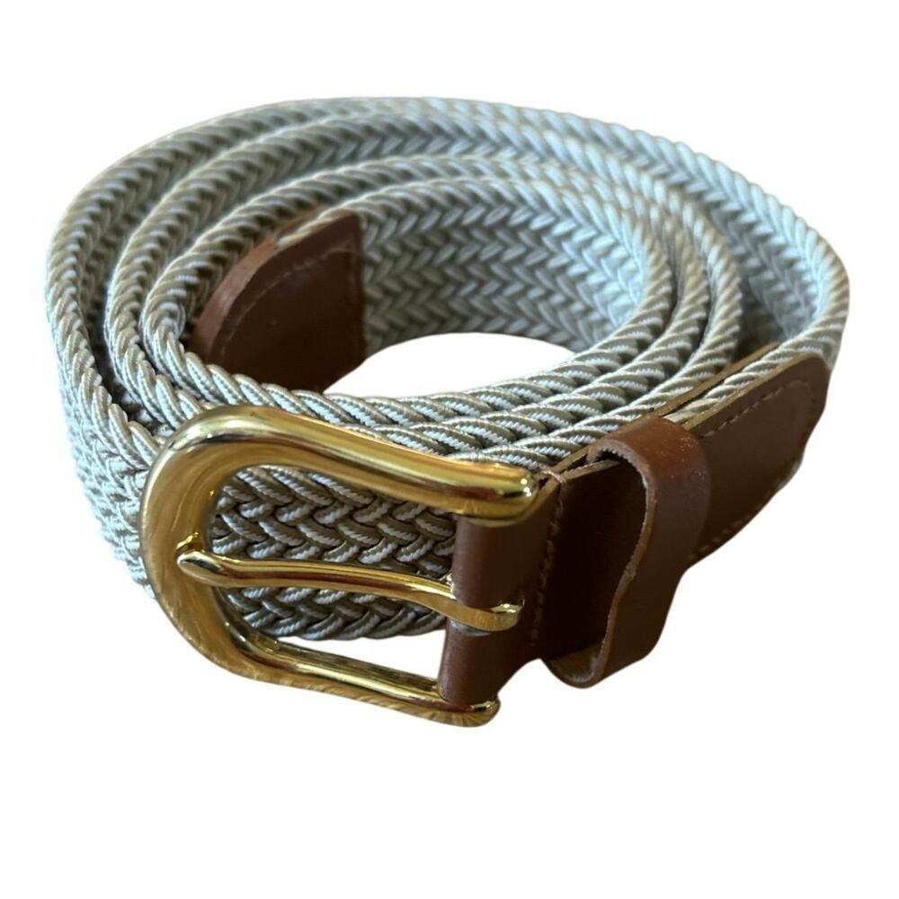 Vintage 90s Skinny Woven Stretch Belt 1” Leather Tabs Gold Buckle Coastal Preppy